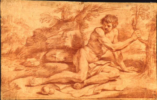 Gennari Cesare-Giovane nudo seduto per terra vicino ad un albero, in atto di afferrare un ramo